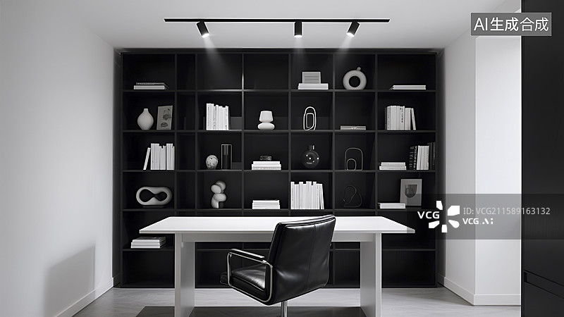 【AI数字艺术】简约现代风格的书房室内场景图片素材