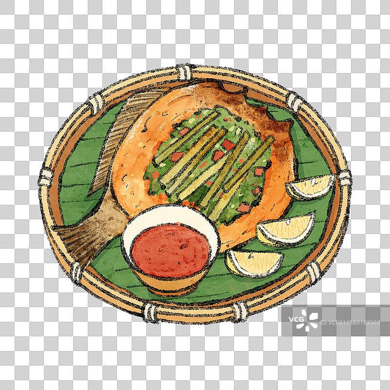 云南美食国风插画-香茅草烤鱼图片素材