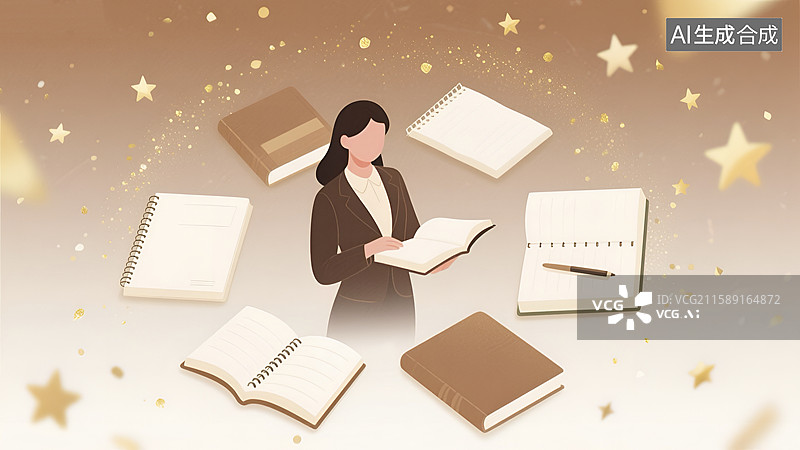 【AI数字艺术】女教师手持书籍置身书籍环绕场景插画图片素材