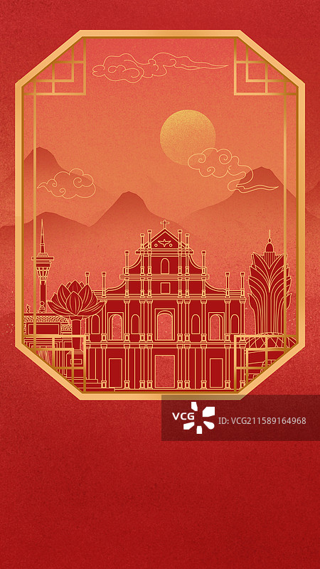 澳门红色中秋节中国风新年古典淡雅山峰窗户景观城市图片素材