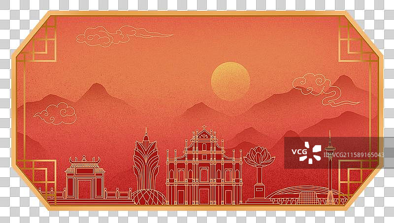 澳门红色中秋节中国风新年古典淡雅山峰窗花图片素材