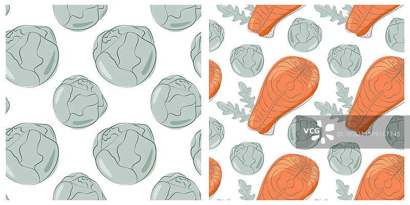 布鲁塞尔芽菜、三文鱼排、芝麻菜叶图片素材