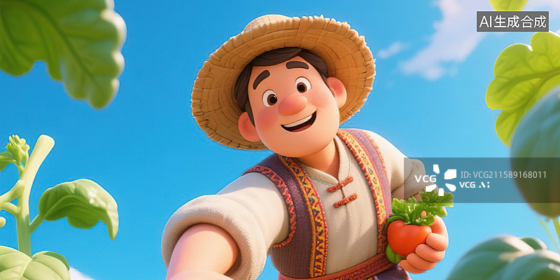 【AI数字艺术】农民伯伯大头照面带笑容伸出手在菜园劳作采摘农作物果蔬秋天收获鱼眼镜头全景大透视3D 动画风格三维立体图片素材