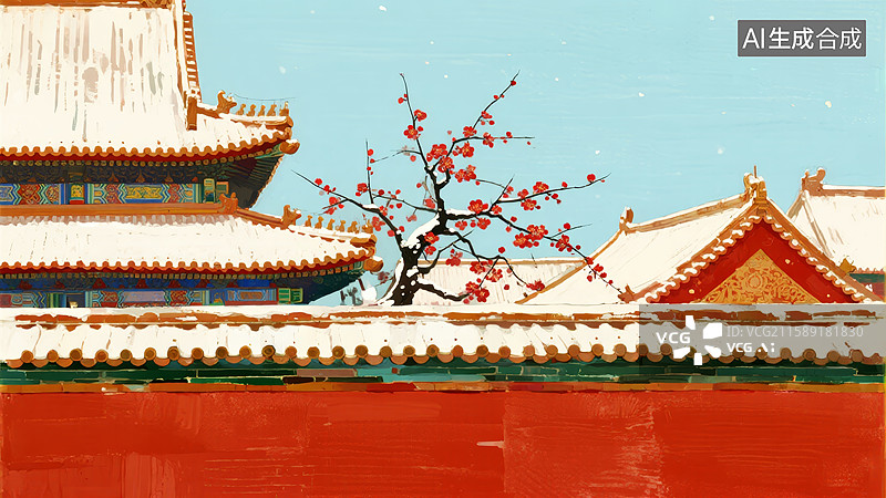 【AI数字艺术】故宫红墙梅花图片素材