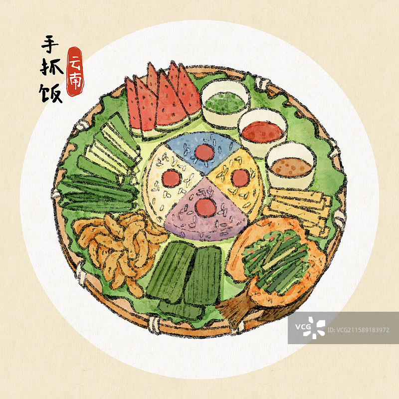 云南美食国风插画-手抓饭图片素材