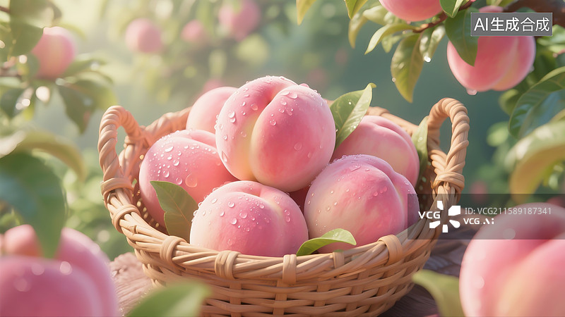 【AI数字艺术】新鲜采摘的水蜜桃，水蜜桃大丰收图片素材