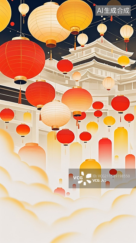 【AI数字艺术】错落的灯笼，海报设计，渐变红，浅黄色，象牙白背景，扁平，矢量风格，渐变映射图片素材
