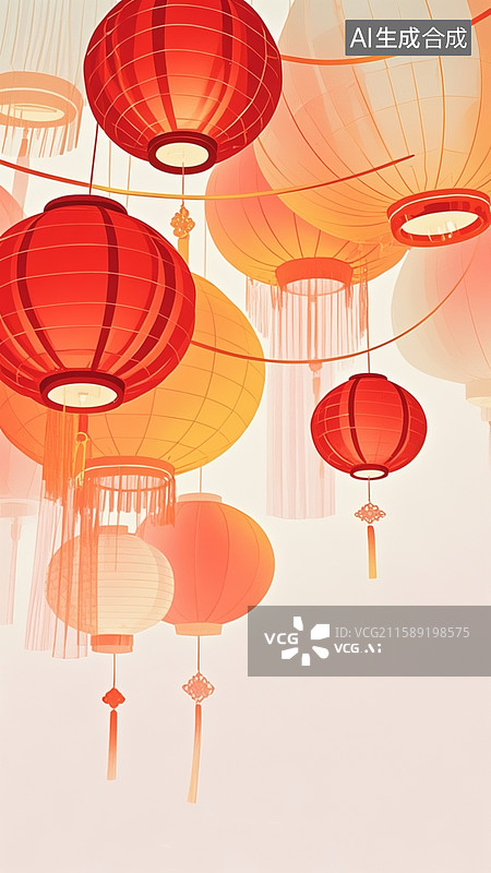 【AI数字艺术】错落的灯笼，海报设计，渐变红，浅黄色，象牙白背景，扁平，矢量风格，渐变映射图片素材