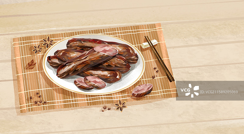 山东济南特色鲁菜小吃美食插画-莱芜香肠图片素材