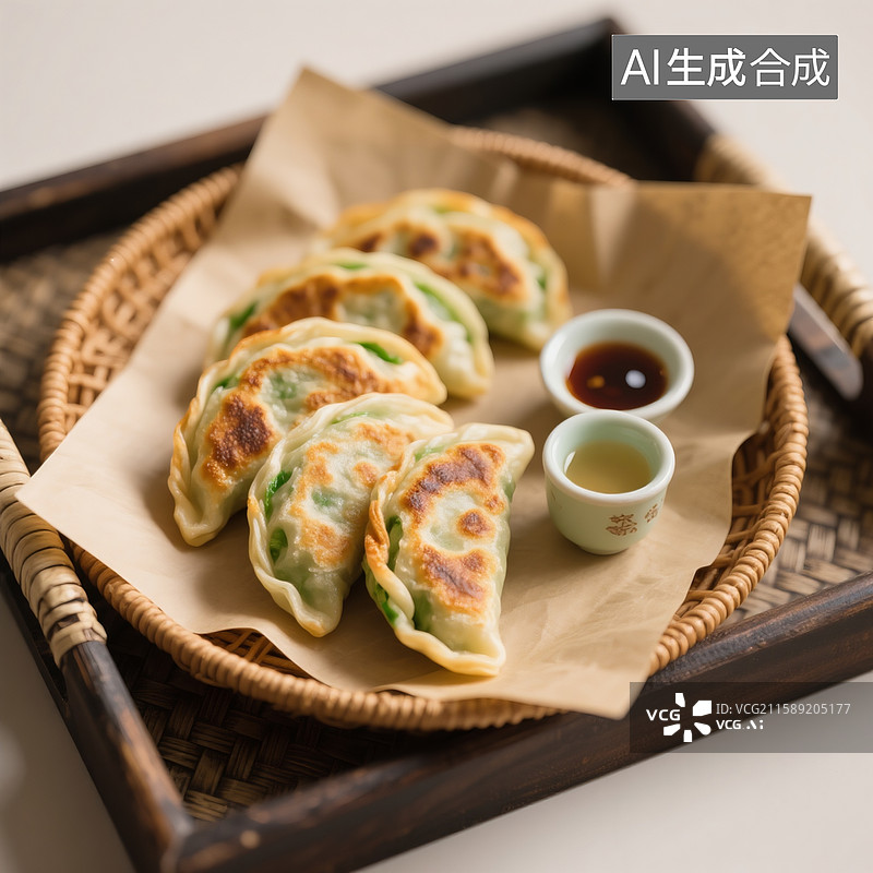 【AI数字艺术】中式早餐，韭菜盒子，焦香金黄，放在铺油纸的藤编筐里，醋辣椒蘸料碟图片素材