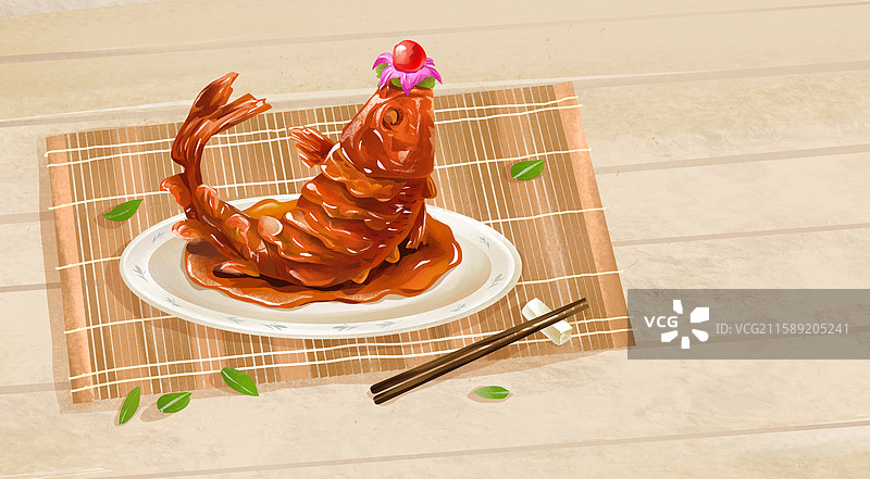 山东济南特色鲁菜小吃美食插画-糖醋黄河鲤鱼图片素材