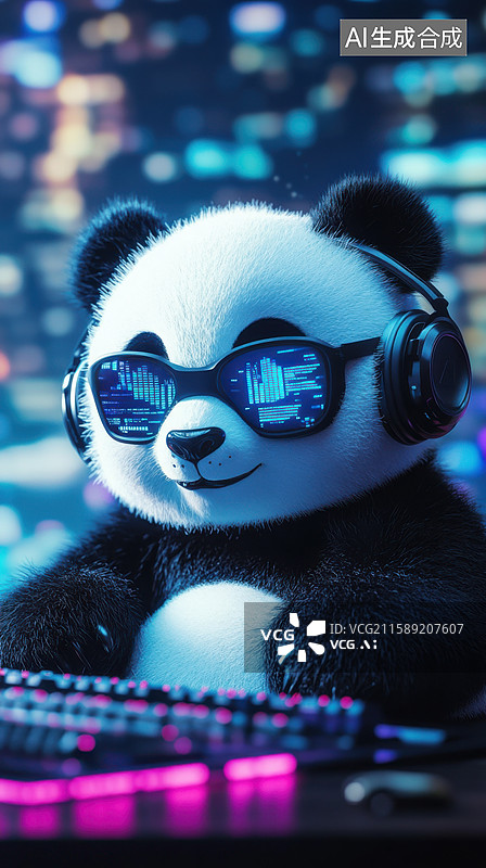 【AI数字艺术】未来派熊猫工程师程序员可爱的3D插画赛博朋克熊猫戴高科技眼镜和耳机专注数据可视化工作超现实的工作室图片素材