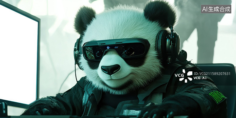 【AI数字艺术】未来派熊猫工程师程序员可爱的3D插画赛博朋克熊猫戴高科技眼镜和耳机专注数据可视化工作超现实的工作室图片素材