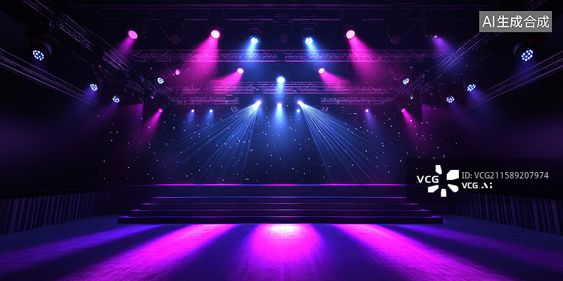【AI数字艺术】未来赛博朋克演唱会舞台3D插画紫蓝灯光秀璀璨歌舞厅对称构图音乐视频背景和夜生活活动紫色背景图片素材