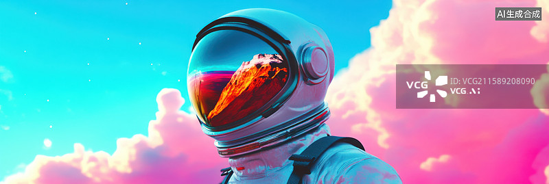 【AI数字艺术】超现实宇航员银色太空服3D赛博朋克插画头盔上映射山峰倒影宇宙探索者立于蓝粉渐变背景创意商业设计素材图片素材