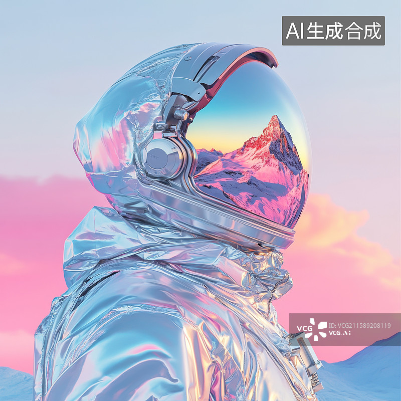 【AI数字艺术】超现实宇航员银色太空服3D赛博朋克插画头盔上映射山峰倒影宇宙探索者立于蓝粉渐变背景创意商业设计素材图片素材