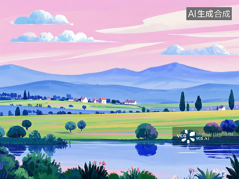 【AI数字艺术】扁平风插画风景，远处山，乡村田野，池塘，南方，村镇，绿树，云，莫奈系颜色图片素材