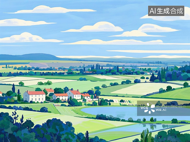【AI数字艺术】扁平风插画风景，远处山，乡村田野，池塘，南方，村镇，绿树，云，莫奈系颜色图片素材