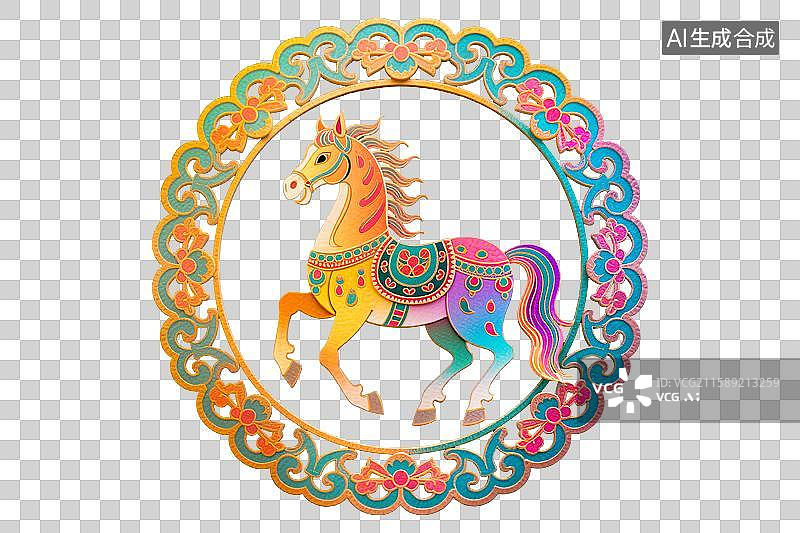 【AI数字艺术】马踏春风2026年吉祥图案传统纹样装饰画新国风立体剪纸皮影风格唐朝敦煌团花圆形构图时尚潮流渐变彩色图片素材