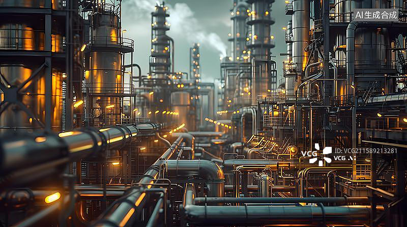【AI数字艺术】工业时代的钢铁交响曲 能源动脉的视觉盛宴  夜间工业园区与管道  工业管道设施布局图片素材