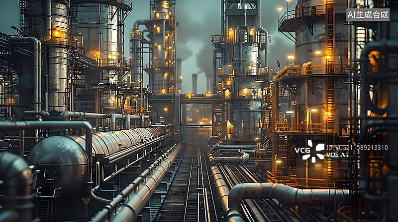 【AI数字艺术】工业时代的钢铁交响曲 能源动脉的视觉盛宴  夜间工业园区与管道  工业管道设施布局图片素材