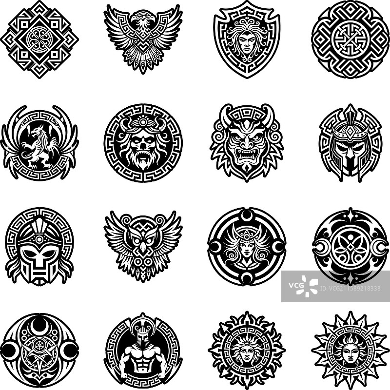 希腊历史图标的字形风格集合图片素材