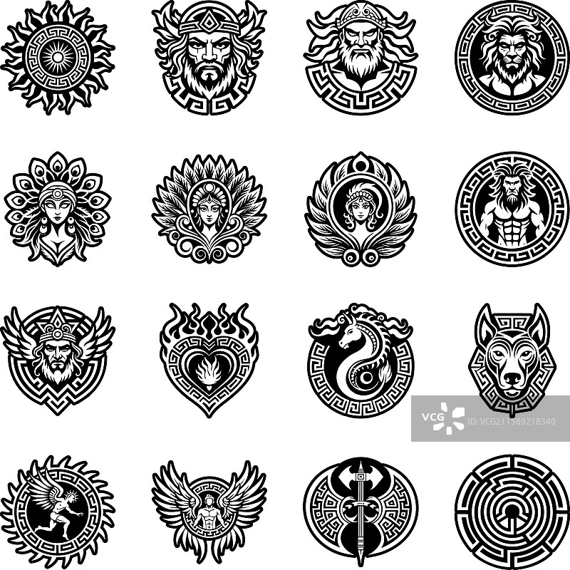 古希腊神话图标的字形集合图片素材