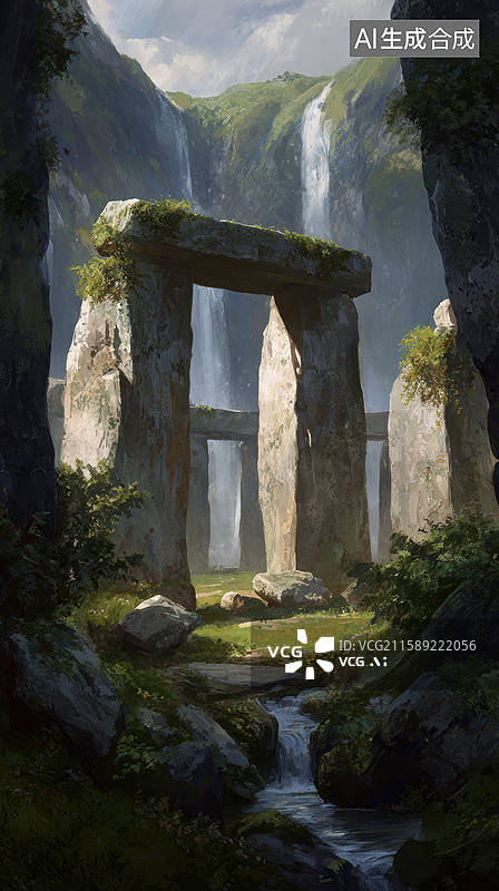 【AI数字艺术】古老石门与瀑布的神秘山谷图片素材