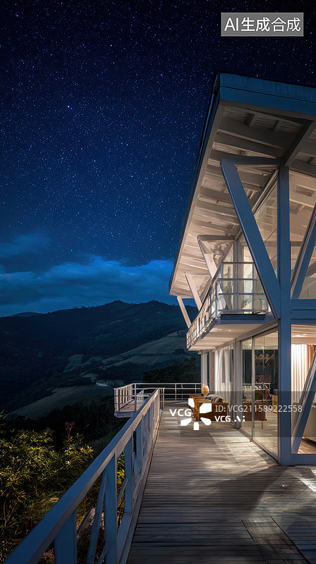 【AI数字艺术】星空下的现代建筑露台图片素材
