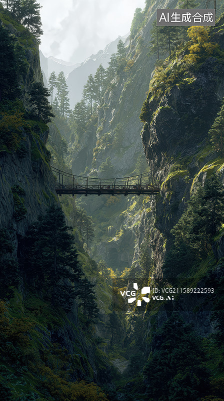 【AI数字艺术】山谷中的悬索桥图片素材