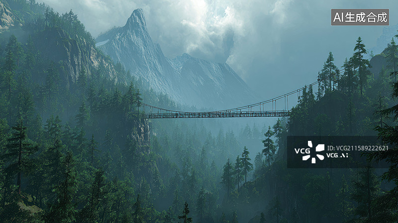 【AI数字艺术】山间悬索桥云雾缭绕图片素材