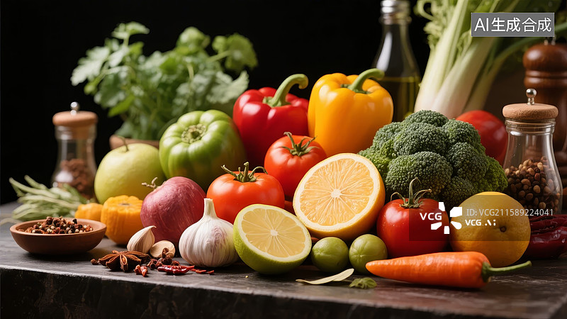 【AI数字艺术】新鲜蔬菜水果与香料的静物组合图片素材