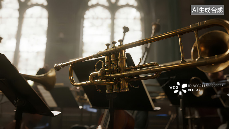 【AI数字艺术】教堂内金色铜管乐器的特写图片素材