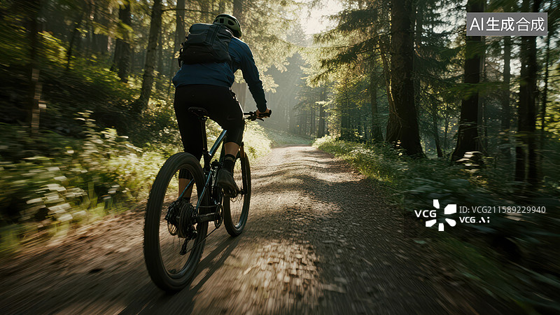 【AI数字艺术】山地自行车手在森林小径上骑行图片素材