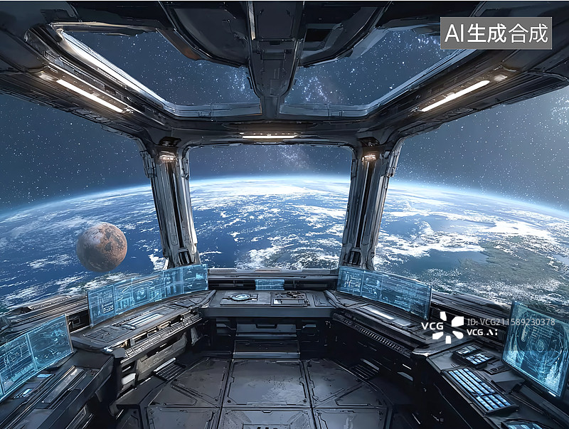 【AI数字艺术】科幻宇宙飞船驾驶舱内部图，以科技感仪表盘、地球与星球景观营造出充满未来感与探索氛围的视觉效果图片素材