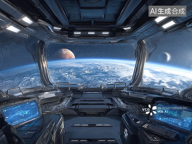 【AI数字艺术】科幻宇宙飞船驾驶舱内部图，以科技感仪表盘、地球与星球景观营造出充满未来感与探索氛围的视觉效果图片素材