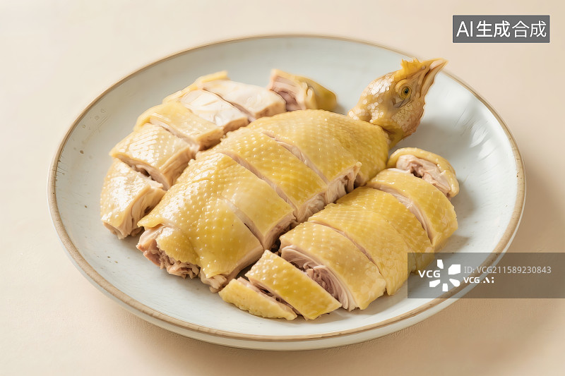 【AI数字艺术】瓷盘中的白斩鸡，黄色的鸡皮与白色的鸡肉图片素材