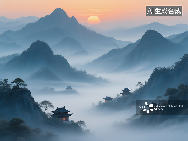 【AI数字艺术】东方山水意境：日出云雾中的古建群与层峦叠嶂图片素材