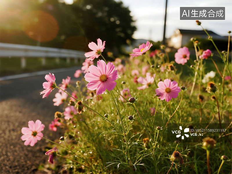 【AI数字艺术】晨光下路边的粉色秋英花卉特写图片素材
