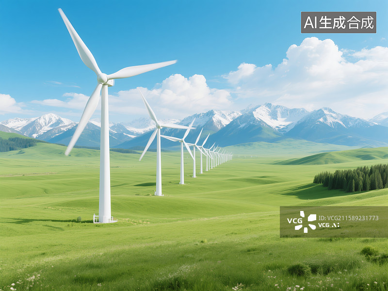 【AI数字艺术】风力发电机排列在绿野与雪山之间图片素材