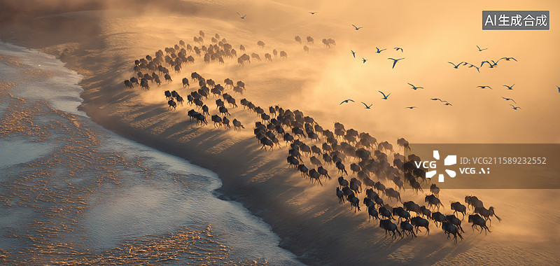 【AI数字艺术】壮观的动物迁徙：角马奔腾与飞鸟齐舞图片素材