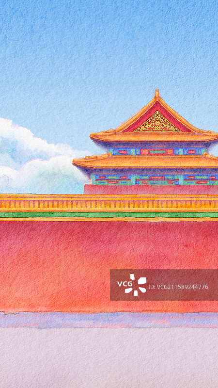 红墙黄色琉璃瓦飞檐古建筑中式宫殿故宫博物院建筑群新国风手绘板绘水彩画主视觉KV横幅banner壁纸图片素材