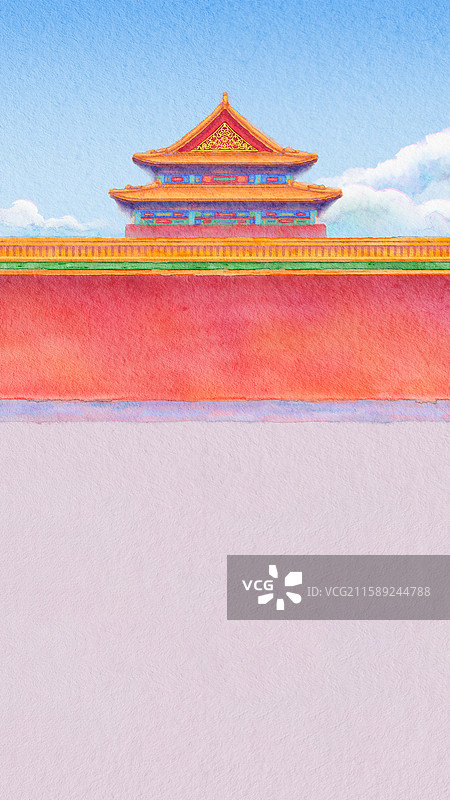 红墙黄色琉璃瓦飞檐古建筑中式宫殿故宫博物院建筑群新国风手绘板绘水彩画主视觉KV横幅banner壁纸图片素材