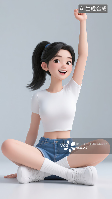 【AI数字艺术】白色背景下盘着腿坐着手高举动作的扎着长马尾的穿着白色T恤蓝色牛仔短裤白色运动鞋的卡通女孩图片素材