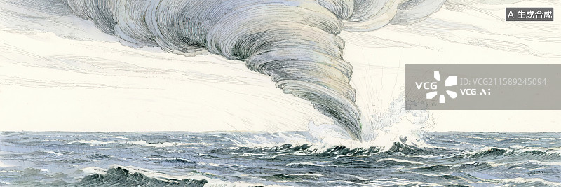 【AI数字艺术】龙卷风海上风暴风雨气象天气 圆珠笔钢笔淡彩水彩手绘写实科普细腻复古 海面波涛海浪水花翻涌概念场景图片素材