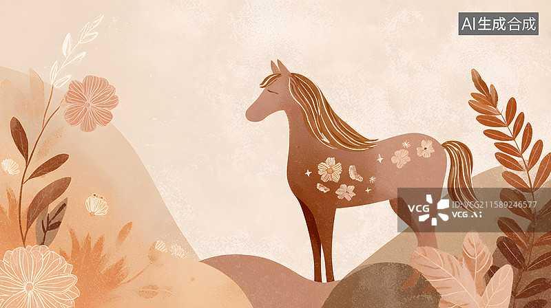 【AI数字艺术】花草间的小马插画图片素材