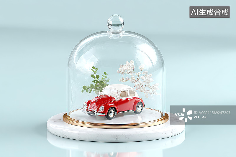 【AI数字艺术】红色甲虫汽车玻璃罩展示模型图片素材