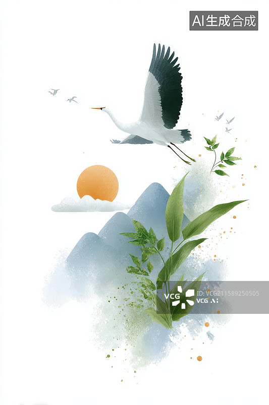 【AI数字艺术】白鹤展翅山水间水墨意境图图片素材