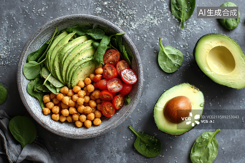 【AI数字艺术】灰碗健康沙拉营养美食摄影图片素材