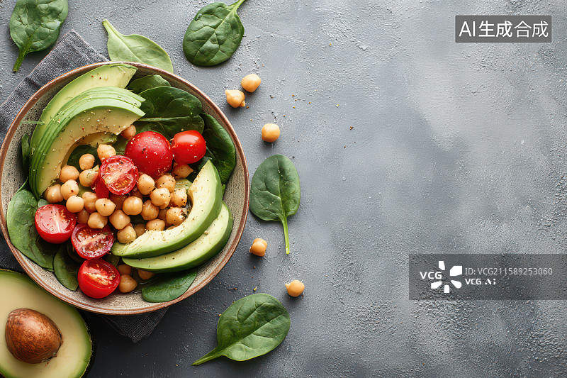 【AI数字艺术】灰碗健康沙拉营养美食摄影图片素材